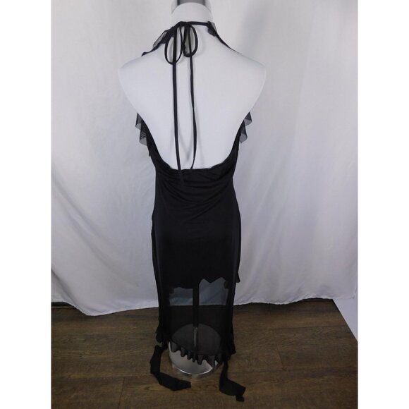 Black Sheer Ruffle High Low Halter Dress Glam Witch L - Picture 7 of 13